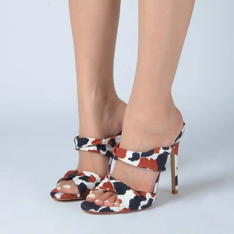 Multicolor Open Toe Cow Pattern Heeled Mules Slide Sandals