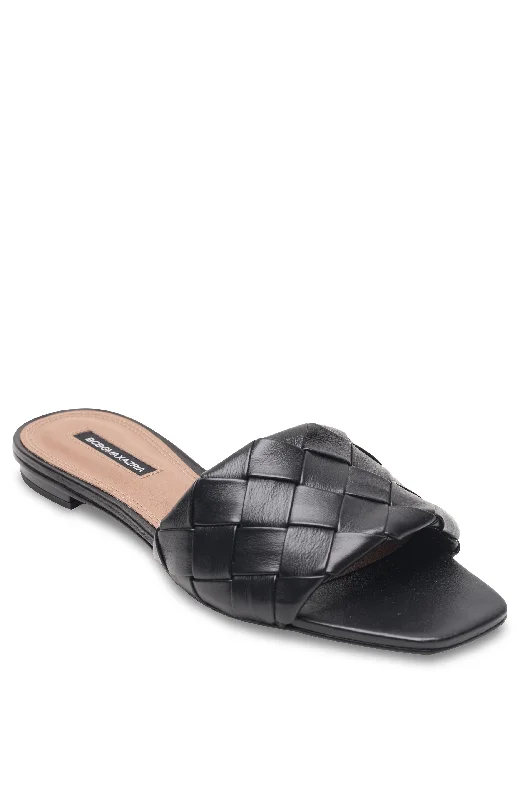 REMI BLACK LEATHER FLAT SLIDE