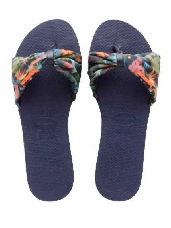 Tropical Print Strap Flip Flop In Navy