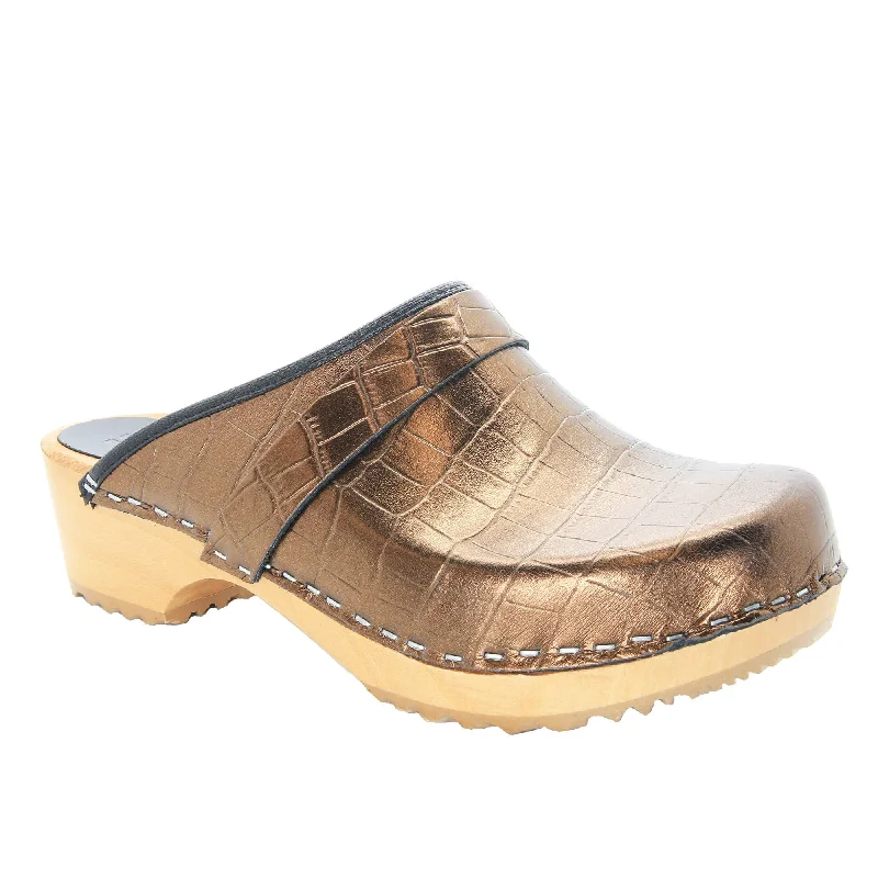 BJORK Maja Wood Open Back Croco Print Leather Clogs - CLOSEOUT