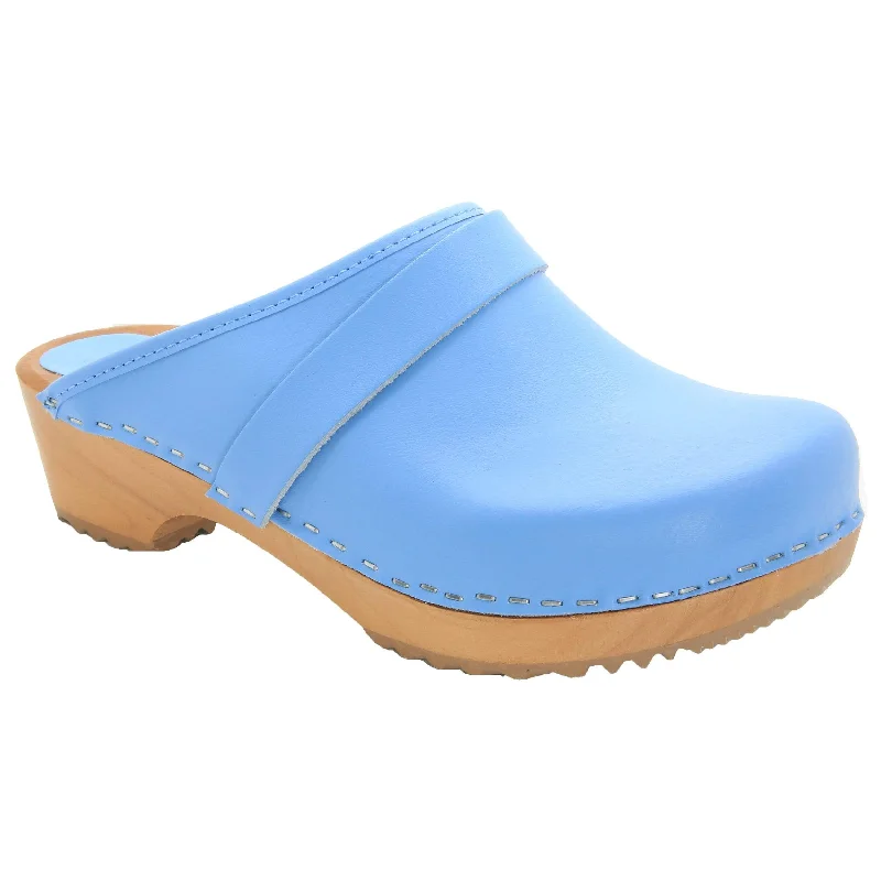 BJORK Maja Wood Open Back Leather Clogs in Light Blue - CLOSEOUT