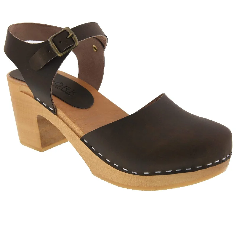 BJORK MARGARETA Swedish Wood Clog Sandals in Brown Oiled Leather