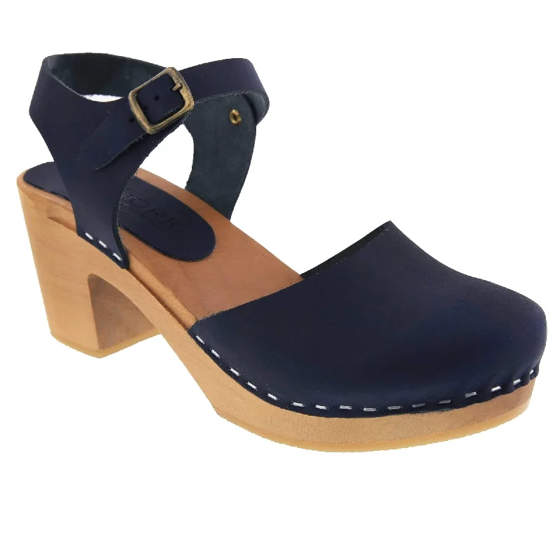 BJORK MARGARETA Swedish Wood Clog Sandals in Navy Oiled Leather