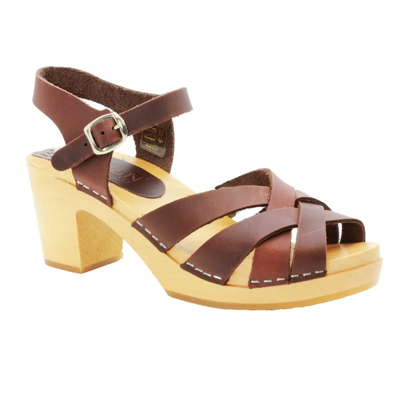 BJORK ULLA Swedish Wood Clog Sandals in Brown Leather