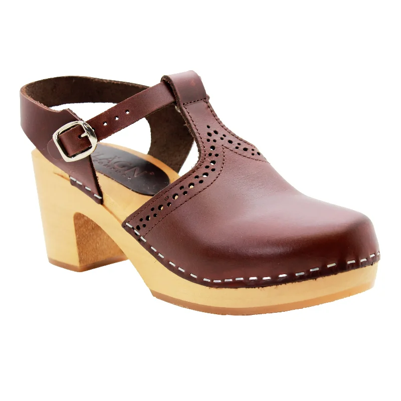 KLÄGN ANNELI Swedish Wooden Clogs in Brown Leather - CLOSEOUT