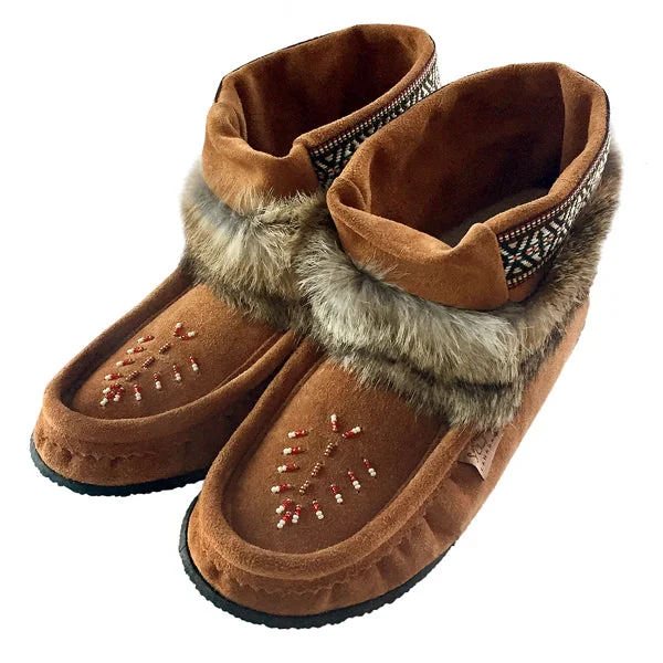 Women's Dark Tan Rabbit Fur Ankle Moccasin Boots