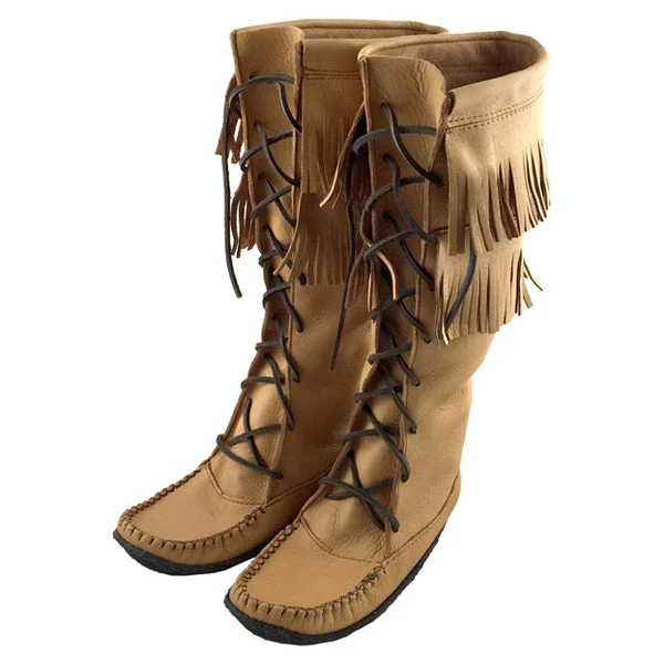 Women's Moose Hide Leather Fringed Knee High Moccasin Boots