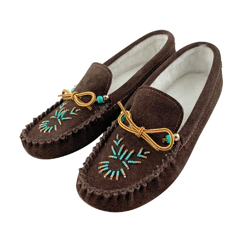 Women's Fleece Lined Beaded Brown Suede Moccasins