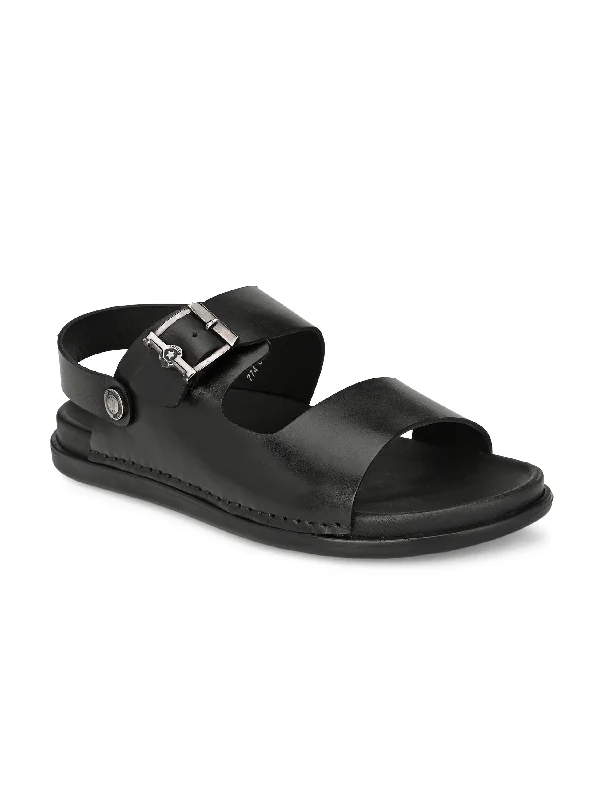 Hitz Men's Black Leather Open Toe Slippers with Buckle