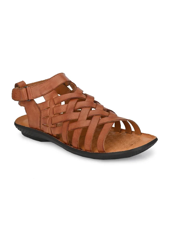 Hitz Men's Tan Leather Open Toe Sandals with Velcro Closure